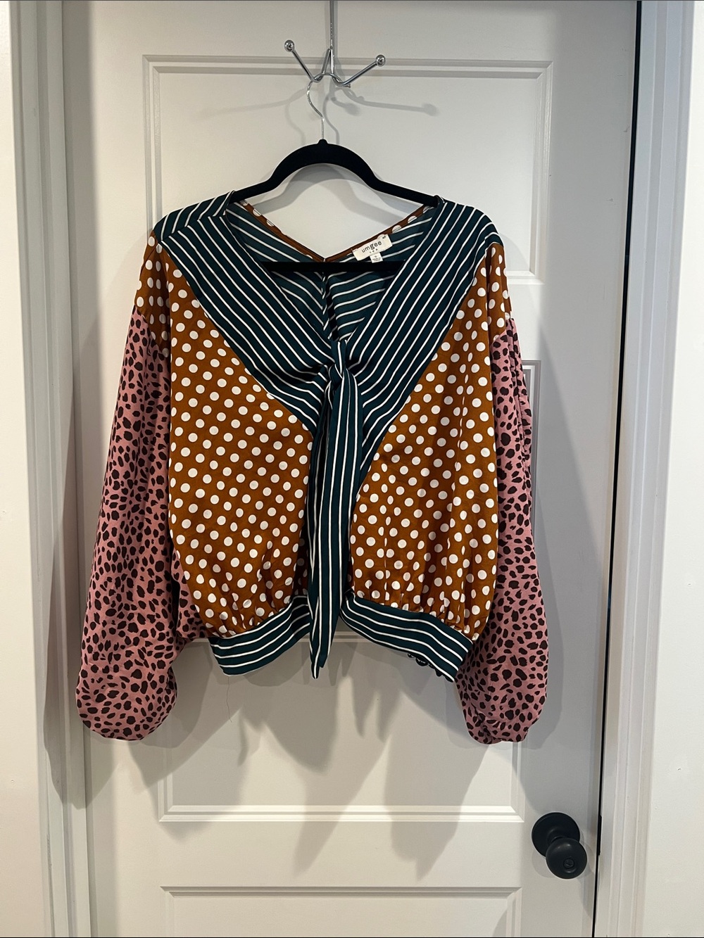 Umgee Mixed-Print Tie-Front Blouse in Rust, Pink and Forest